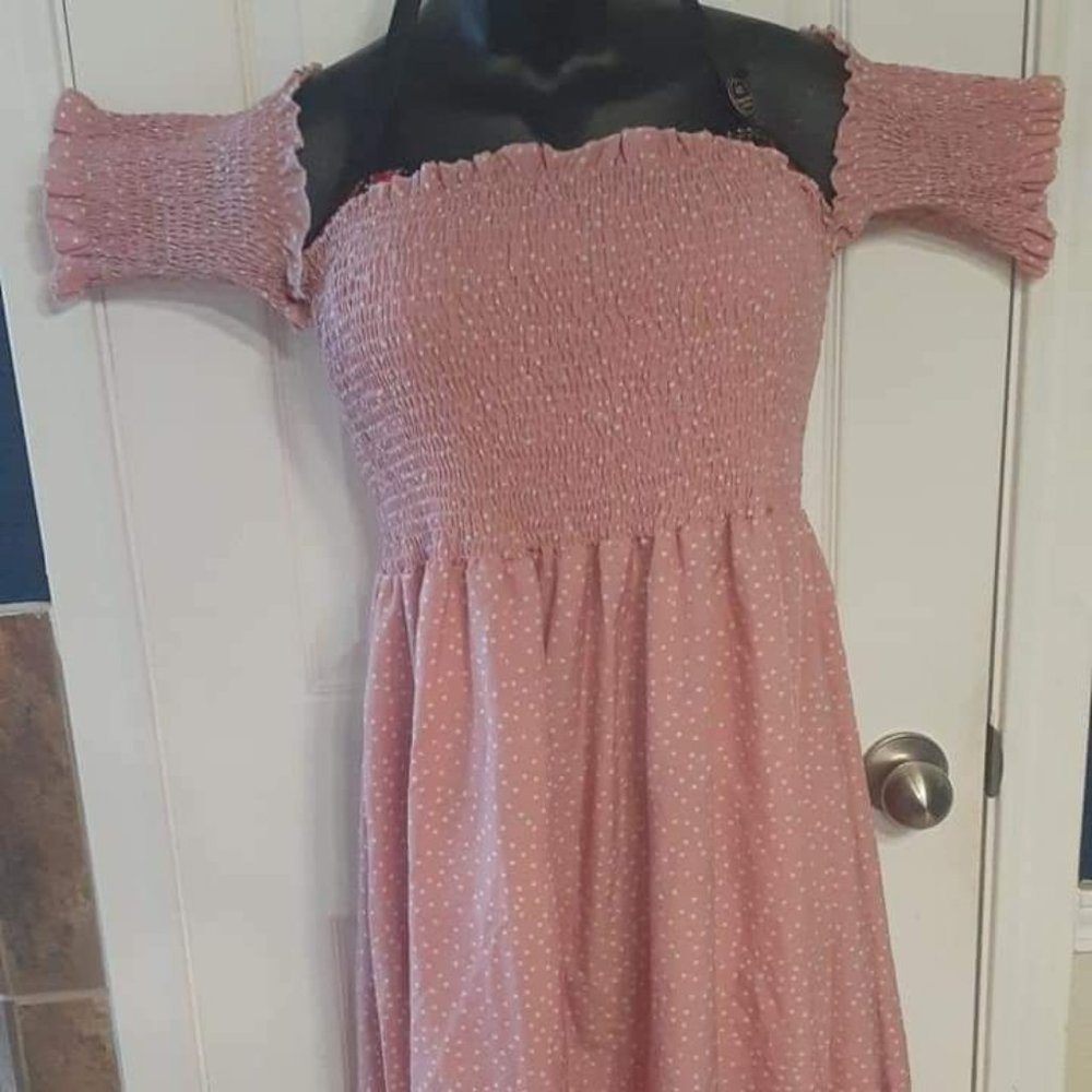 Pink off shoulder polka dot dress
